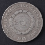 Moeda Brasileira, Império, 3º Sistema Monetário, 2º Tipo, Valor 2000 Reis, Ano 1867, Prata, Tentativa de Furo, Bem Circulada.
