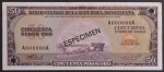 Cédula Estrangeira, "SPECIMEN", REPÚBLICA DOMINICANA, Valor 50 Pesos Oro, Data 1964/1974, com Manchas - Flor de Estampa.