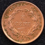 Moeda Estrangeira, EAST ÍNDIA COMPANY, Valor 1/4 Cent, Ano 1845, Bronze, Flor de Cunho.