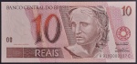 Cédula Brasileira, Valor 10 Reais, Série A9180....C, Primeira com as Chancelas Pedro Malan/Armínio Fraga - 1ª Chancela, Flor de Estampa.