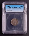 Moeda Americana, Certificação ICG, Estado de Conservação AU-50 Detalls, Valor 10 Cents, Ano 1892, Prata,