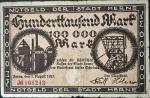Cédula Estrangeira, Notgeld, ALEMANHA, Estado de Herne, Valor 100.000 Mark, Ano 1923, Muito Bem Conservada.
