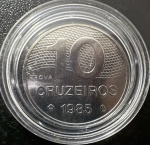 Moeda Brasileira, "PROVA", Valor 10 Cruzeiros, Ano 1985, Aço Inox, Flor de Cunho.