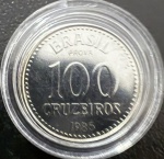 Moeda Brasileira, "PROVA", Valor 100 Cruzeiros, Ano 1985, Aço Inox, Flor de Cunho.