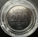 Moeda Brasileira, "PROVA", Valor 200 Cruzeiros, Ano 1985, Aço Inox, Flor de Cunho.