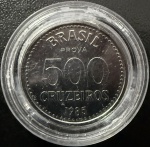 Moeda Brasileira, "PROVA", Valor 500 Cruzeiros, Ano 1985, Aço Inox, Flor de Cunho.