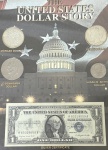 Coleção de Dollar, USA, Moedas e Cédula (Silver Certificate), Prata e Níquel, Anos das Moedas 1921; 1924; 1972; 1979, Cédula Série 1957A, Quadro de Acrílico Explicativo, Flor de Cunhos e Estampa.