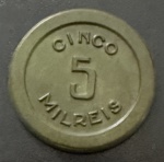 Ficha, Cassino Balneário Atlântico, Rio de Janeiro, Valor 5 Mil Reis, Década de 40, Não Atestamos sua Autenticidade, Muito Bem Conservada.