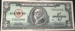 Cédula Estrangeira, BANCO NACIONAL DE CUBA, Valor 5 Pesos, Série 1960, Muito Bem Conservada/Soberba.