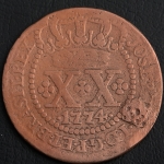 Moeda do Brasil, Colônia, Valor XX Reis, Data 1774, 1º Tipo - Coroa Baixa, Cobre, Muito Bem Conservada.