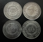 Moedas do Brasil, Império, 2º Tipo do 3º Sistema Monetário, Valor 500 Reis, Datas 1853; 1858; 1859 e 1860, Total de 04 Moedas, Prata, Peso de Cada 6,3 g, Diâmetro 25,5 mm, Soberbas.