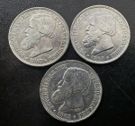 Moedas do Brasil, Império, 3º Tipo do 3º Sistema Monetário, Valor 200 Reis, Datas 1867; 1868 e 1869, Total de 03 Moedas, Prata, Peso de Cada 2,5 g, Diâmetro 19 mm, Soberbas.