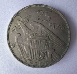 Espanhola - MOEDA DE 25 PTAS - Ano 1957 - Efigie de Francisco Franco, Caudilho de Espanha - Diâmetro 26 X 3 mm - Flor de cunho