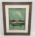 SÉRGIO RICARDO. Óleo sobre tela. Medidas. 39.5 x 29.5 cm. Com moldura 62.5 x 52.5 cm. Assinado canto inferior direito. "Marina com barco"