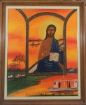 Pintura  Naif de Marajó -  Maria Luísa - " Jesus Missionário ", Quadro em acrílico sobre tela, assinado, localizado e datado frente e verso, Ilha do Marajó, 1997.  Medidas, 72 x 59 cm, emoldurado, 86 x 72 cm.