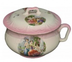 ANTIGO PINICO COM TAMPA EM FAIANÇA INGLESA, MANUFATURA WOODS & SONS, COM RICA DECORAÇÃO. MEDINDO 20 X 24 X 29 CM