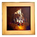 Óleo sobre tela assinado por Romanelli, representando procissão diante de igreja iluminada em compos