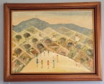 JOSÉ BARBOSA (1948), Paisagem com igrejas, óleo sobre tela (o.s.t) assinado e datado de 1975, canto inferior direito. A tela: 50 x 67 cm. Com moldura: 66 x 82 cm. Tela precisando de restauro.