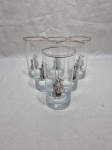 Jogo de 6 copos longo em cristal com estampa de caravela e friso ouro. Medindo 7cm x 14cm de altura. Desgaste no friso.