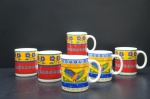Vista Alegre  Seis canecas para chocolate quente em cerâmica portuguesa, vitrificada. Coleção Quinta, ornada com cenas campestres em rica policromia. Marca da manufatura no fundo.ALT. 10 cm.