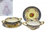 ROYAL WORCESTER - INGLATERRA FIM SÉC. XIX - SELO DE EXPORTAÇÃO P/ LOJA R.H. MACY & CO NOVA YORK - Imponente e lendário par de xícaras para Consommé de coleção, feitas em antiga faiança de excepcional qualidade e renomadíssima manufatura. Adornadas por lindíssima ornamentação floral e riquíssimos filetes e coberturas á ouro. Perfeito estado de conservação, medem 5,5 cm de altura x 15 cm de diâmetro dos pires cada. NOTA: Selo da tradicional manufatura inglesa Royal Worcester, uma das mais antigas e prestigiadas produtoras de porcelana fina da Inglaterra, fundada em 1751 na cidade de Worcester. A inscrição Made expressly for R.H. Macy & Co. Inc. New York indica que a peça foi produzida sob encomenda para a loja americana Macys, o que era comum em exemplares destinados ao mercado de luxo dos Estados Unidos. O número 51 no centro do brasão é um código de data utilizado pela fábrica, sugerindo produção no final do século XIX. O selo, com a coroa real acima do monograma, atesta a autenticidade, qualidade e origem inglesa da porcelana Royal Worcester.
