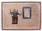 Jorge de Salles (1949-2010,Rio de Janeiro), " O Leiloeiro", técnica mista sobre papel. Assinado no C.I.D e  intitulado e PA no C.I.E. Emoldurado e envidraçado. NÃO ENVIAMOS PELOS CORREIOS. Med. 53 x 73 cm.