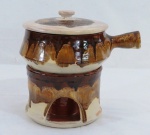 COPPERBRAS- Rechaud com panela em cerâmica vitrificada, decoração abstrata marrom degradee. Medidas queimador 12 x 18 cm, panela 12 x 20 cm. Marcado na base.