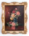ESCOLA EUROPÉIA- " Flores" óleo sobre tela, assinada no C.I.D, ricamente emoldurado. Med. 49 x 40 cm/40 x 30 cm.