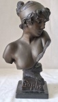 VILLANIS, Emmanuel (França 1858 - 1914) - "Sapho" poetisa grega, magnífico busto esculpido em bronze francês, c. 1910, art nouveau, assinado e intitulado. Peso 6.330 kg. Med.: 43x17x17 cm.