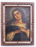 ESCOLA CUSQUENHA - SÉC. XIX. Madonna - Excepcional óleo sobre tela, com rica moldura de madeira entalhada, com aplicações de espelho. Med. 76 x 61/60 x 45 cm. Obs: Apresenta dois antigos restauros. NÃO É INDICADO ENVIAR PELOS CORREIOS.