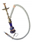 Narguilé executado em cristal na cor azul  cobalto com bronze e metal dourado, mangueira revestida em corda com acabamentos com marcas do tempo, Alt. 70, Diam. 15 cm.