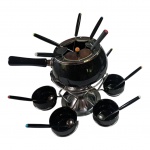 Aparelho para fondue giratório completo: 1 panela, 6 bowls de cerâmica, 6 conchas , 6 garfos e espiriteira, Diam. 17, Alt. 26 cm.
