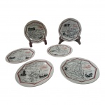 Seis pratos para queijos/sobremesa  em porcelana representando mapa de 6 regiões de vinícolas francesas, Diam. 19 cm.