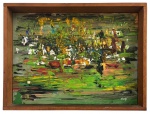 BEN - Obra em acrílica sobre tela, estilo contemporâneo, assinada no canto inferior direito, com dizeres de próprio punho e assinatura no verso. proteção de moldura de madeira. Mede 35 x 26cm.