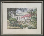 Obra em aquarela assinada e datada no canto inferior esquerdo, proteção de paspatur, vidro transparente e moldura de madeira patinada. Medida total 44 x 36cm.