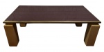 Mesa de jantar em madeira laqueada, tampo em linhas retas com proteção de vidro e laterais em cobre/metal. Marcas do tempo. Meados anos 70. Mede 78cm altura x 1,10cm largura x 2,20cm comprimento.