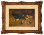 GUERRINO GROSSO (Rio Claro, 1907 - São Paulo, 1988) - Obra em óleo sobre tela "cena rural", assinada no canto inferior direito, datada 1940, protegida por imponente moldura de madeira adornada com florões e acabamento em ouro velho. Medida da obra 55 x 38cm. Medida total 67 x 83cm.Nota do artista:  filho de italianos, foi pintor e desenhista, além de sócio-fundador da Associação Paulista de Belas Artes. Suas obras figuram nas pinacotecas de Rio Claro, Jaboticabal, Amparo, São Carlos, Piracicaba, e outras cidades, bem como em muitas coleções particulares no Brasil e no exterior, como Portugal, Itália, Chile, Estados Unidos, Argentina, Canadá e outros. Suas naturezas-mortas são notáveis, bem como suas imagens do bucólico de cidades do interior do Brasil.