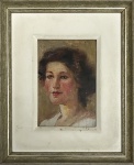 RETRATO - Óleo sobre placa representando dama, protegido por paspatur branco e moldura em madeira. Medita total 23cm x 29cm.