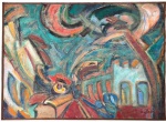 DOMINIQUE FILLIERES - Obra em oléo sobre tela, estilo abstrato, assinada no canto inferior direito e verso, datada 1990, protecao moldura de madeira estilo baguete. Medida total 91cm x 67cm.