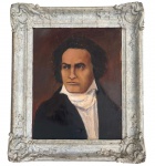 BEETHOVEN - Obra em óleo sobre tela retratando o compositor Beethoven, com trajes de época do século XIX, composto em tons quentes e fundo em marrom profundo que ressalta o contraste do rosto e da gola branca volumosa. A obra apresenta pinceladas firmes, realçando a força do olhar e a dramaticidade do semblante.A moldura em madeira entalhada, ricamente ornada com motivos florais e acabamento patinado em tom prateado envelhecido, complementa o caráter clássico da peça.Técnica: Óleo sobre telaPeríodo estimado: Século XX (estilo retratista do XIX)Dimensões: obra 41 x 33 cm. Total 55 x 47 cm (com moldura)Uma peça de presença marcante, ideal para ambientes que valorizam arte figurativa e colecionadores de retratos históricos.