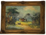 Obra em óleo sobre tela, paisagem rural, assinada no canto inferior direito, proteção de moldura adornada com volutas nas extremidades. Apresenta sinal de restauro. Medida da obra  46cm X 65cm, medida total 80cm x 61cm.