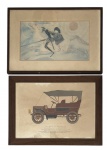 Pendant de quadros decorativos, gravuras, sendo uma de uma de carro antigo. Proteção de moldura de madeira e vidro transparente. Medida do maior 38cm x 55cm.