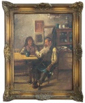 EUROPA SÉC. XIX - Obra em óleo sobre tela sobre cartão rígido, retratando casal idoso em cena intimista de interior rústico. Pinceladas quentes e luz suave realçam o clima de serenidade e cumplicidade, compondo uma obra de atmosfera nostálgica e refinamento clássico. Apresenta selo europeu no verso. Meados séc. XIX.O fundo revela um armário de madeira repleto de louças e vidros, e as pinceladas quentes e texturizadas ressaltam a luz suave que invade a cena, conferindo realismo e calor humano. A moldura entalhada, com ornamentos em relevo e douração antiga, completa o conjunto com refinamento e presença.Medida da obra 40 x 31cm. Medida total 46 x 38 cm.Uma peça de atmosfera nostálgica que valoriza o cotidiano e a convivência, ideal para colecionadores que apreciam arte figurativa e cenas de gênero do período.