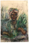 SUZANA LEVY (Rio 1937 / idem 2023)  - Obra representando figura de "sacerdotisa de Yemanjá" executada em técnica mista / pastel sobre cartão, com cores vivas e pinceladas expressivas. A personagem usa turbante, colares e trajes típicos, transmitindo força e elegância. Assinada por Suzana Levy no canto inferior direito, sem data visível. Mede 23 x 34 cm.