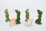 Lote constando de seis esculturas decorativas em cerâmicas vitrificadas e policromadas sendo um par de esculturas representando " Pássaros pousados sobre galhos " no tom verde, base recortada - med. 20x12x9 cm ( uma escultura com pequeno bicado na ponta da cauda), Par de esculturas representando " Cacatuas pousadas sobre galhos " no tom verde - med. 20x10x8 cm (uma escultura com bicado em uma das penas e as duas com pequenos bicados na base) e Par de esculturas representando " Pássaros pousados sobre galhos " policromados - med. 12x10x7 cm
