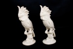 Luiz Salvador - Par de esculturas decorativas em cerâmica dito branco antigo vitrificadas representando " Cacatuas sobre galhos ", marca da manufatura na base - med. 36x12x14 cm (uma escultura com pequena falha no vitrificado de uma pena)