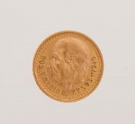 Numismática - Colecionismo - Moeda de ouro 22 K  - México - datada de 1945 - 2. 1/2 pesos - med. 1,5 cm de diâmetro - peso aproximado - 2.1 gr - ESTE LOTE SOMENTE PODERÁ SER RETIRADO COM AGENDAMENTO PRÉVIO DE 48H DE ANTECEDÊNCIA, MEDIANTE CONFIRMAÇÃO DO PAGAMENTO, POIS NÃO ENCONTRAM-SE NO LOCAL DE REALIZAÇÃO DO LEILÃO