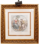 Antiga gravura francesa colorida representando A Sagrada Família (La Sainte Famille), moldura em madeira com pátina à folha de ouro med. 50x48 cm, com moldura med. 95x91 cm (papel e paspatú com manchas do tempo), acompanha luminária em metal na parte superior do quadro. Este lote não pode ser enviado pelos Correios.