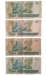 Lote com 4 (quatro) cédulas brasileiras de 500 cruzeiros.zados série Vila Lobos.