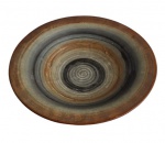 Grande centro de mesa em cerâmica com padrão espiral em cores terrosas. Medidas 37 cm. Apresenta rachado.